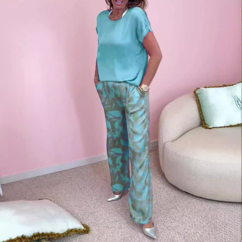 🎉【S-4XL】💝Комплект от две части - горнище с кръгло деколте и широки панталони с щампи