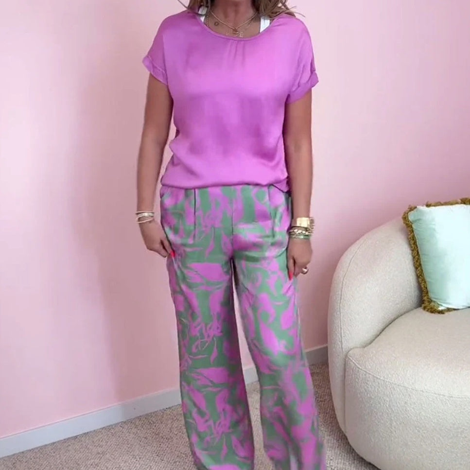 🎉【S-4XL】💝Комплект от две части - горнище с кръгло деколте и широки панталони с щампи