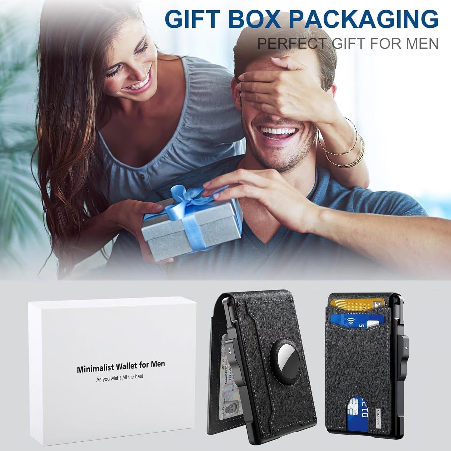 🎁 Moška denarnica AirTag – aluminijasto ohišje s pokrovčkom, sponka za denar, tanki usnjeni predelki, držalo za kreditne kartice, RFID blokiranje, minimalistična dvoslojna denarnica