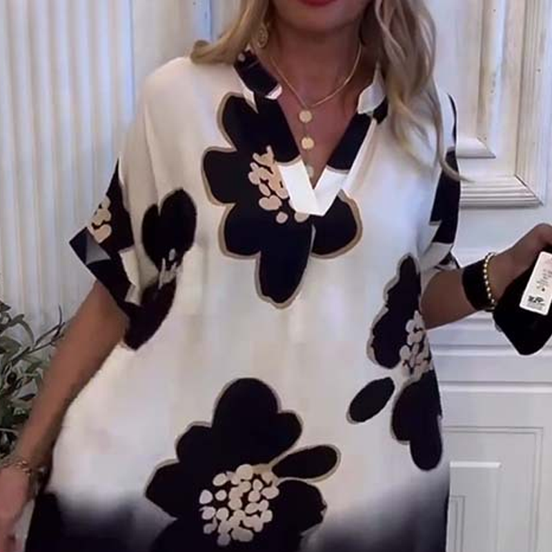 🌸😘Дамска широка рокля с щампа и дълбоко V-образно деколте🔥