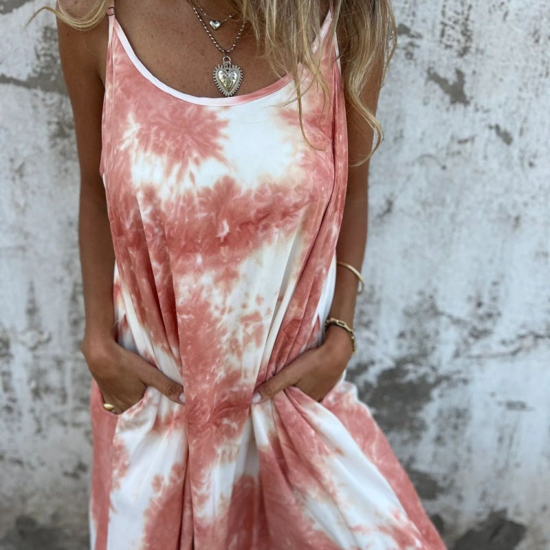 Sukienka damska tie-dye z nadrukiem i gradientem kolorów na ramiączkach typu spaghetti