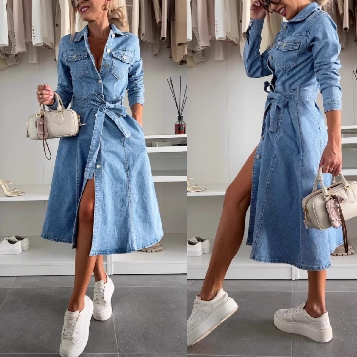 ✨Damska sukienka jeansowa z długimi rękawami i guzikami👗