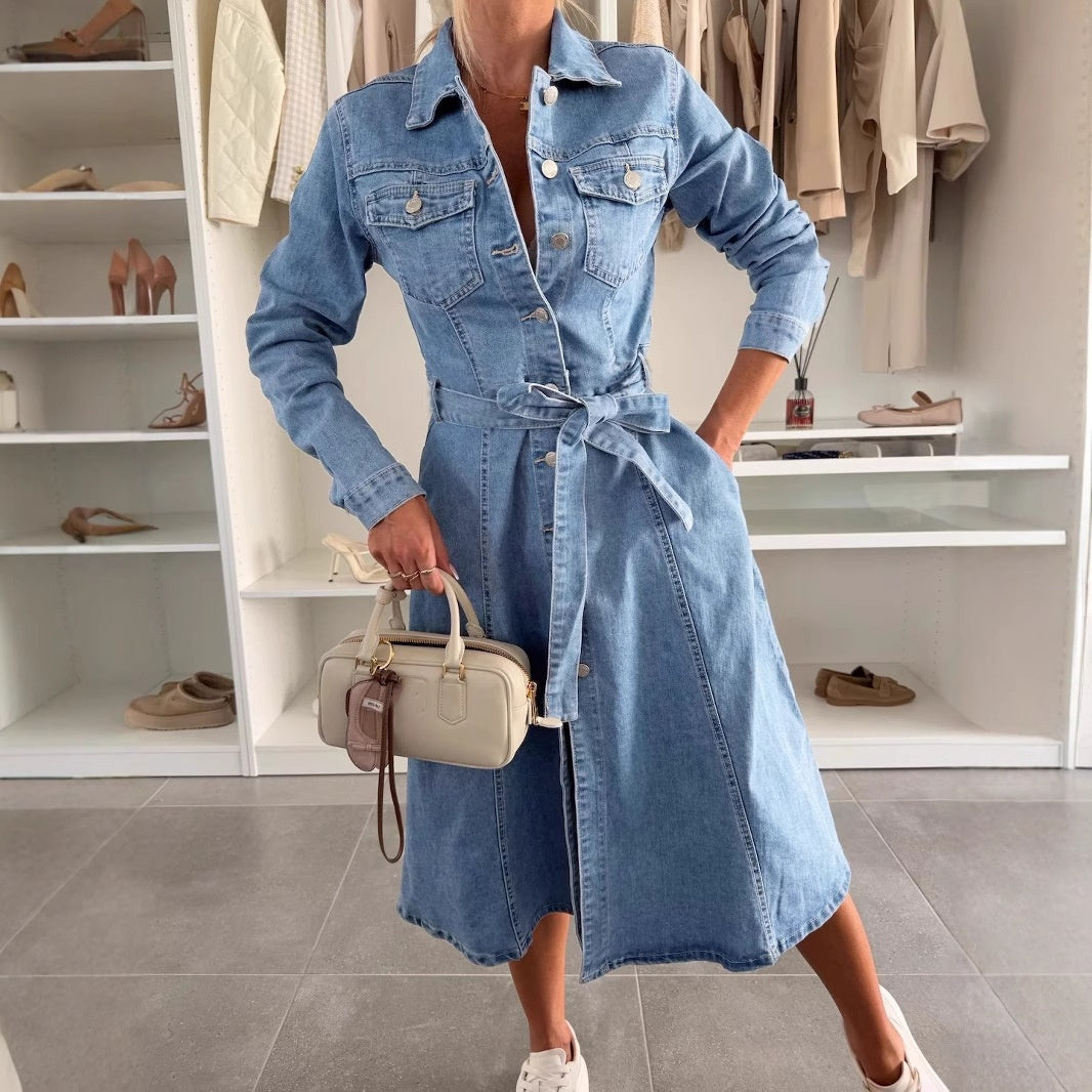 ✨Damska sukienka jeansowa z długimi rękawami i guzikami👗