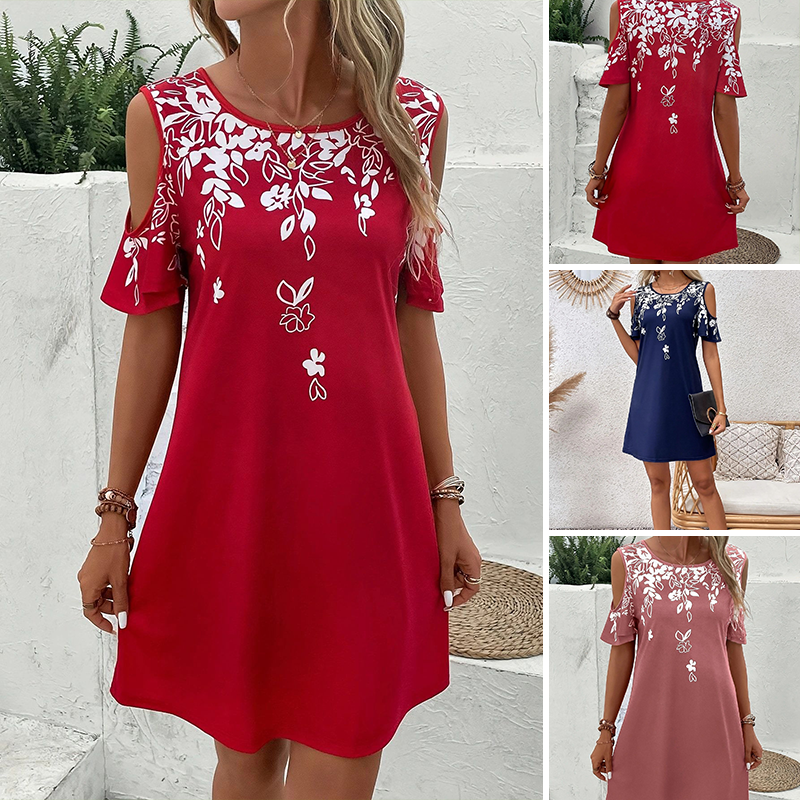 🌼【S-2XL】Рокля миди с флорален принт и изрязани ръкави