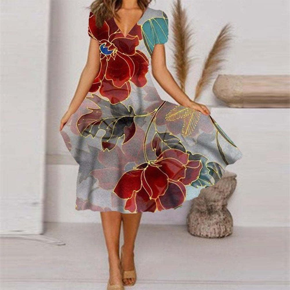 【S-4XL】🌺Damska luźna sukienka z nadrukiem i dekoltem w serek