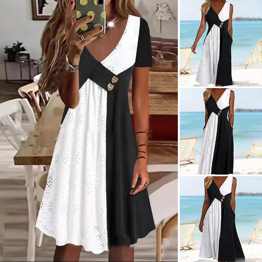 👗 Elegancka sukienka damska z dekoltem w kształcie serca i nowoczesnym patchworkiem