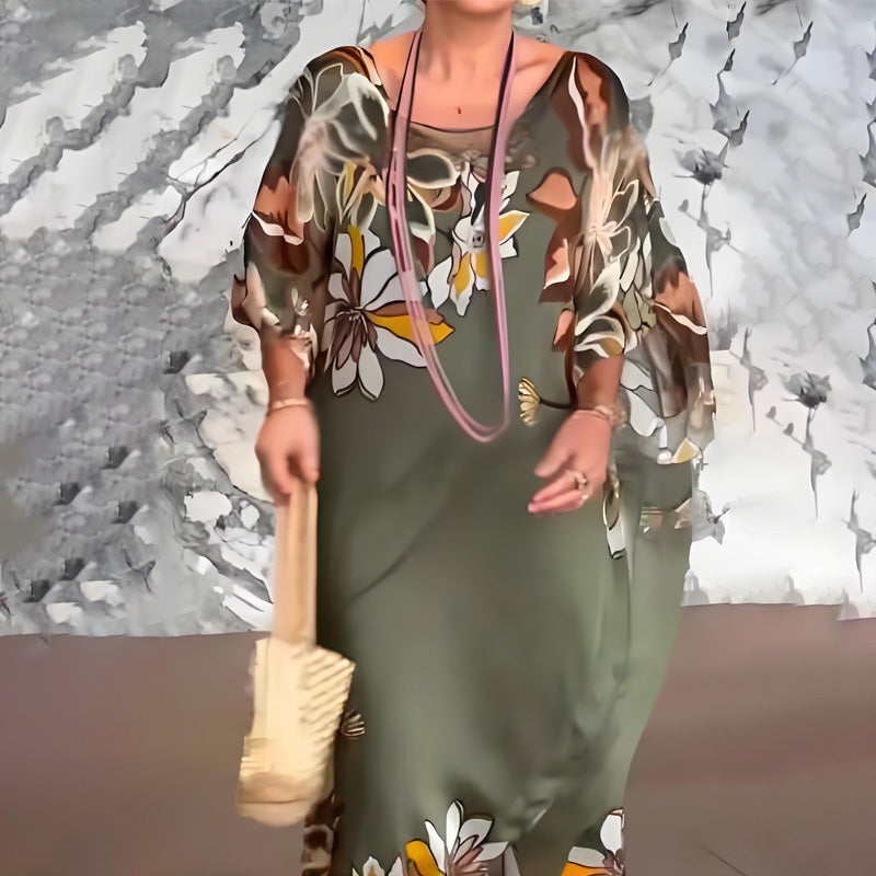 Elegantna dolga šifonska obleka z V-izrezom in potiskom