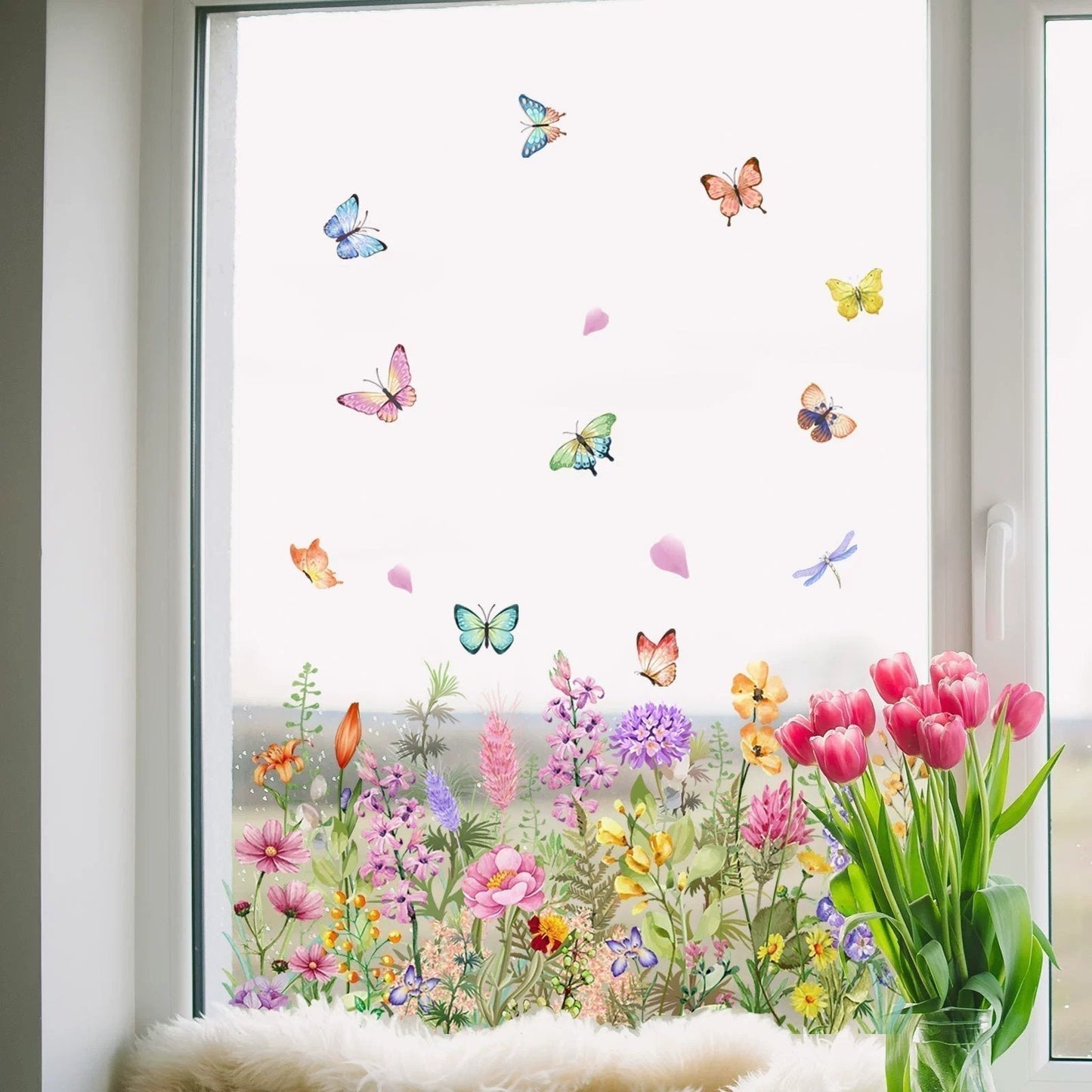 💎 Kolorowa naklejka na okno z motywem bukietu kwiatów – zdejmowana, dwustronna i przycinana na wymiar 🏡