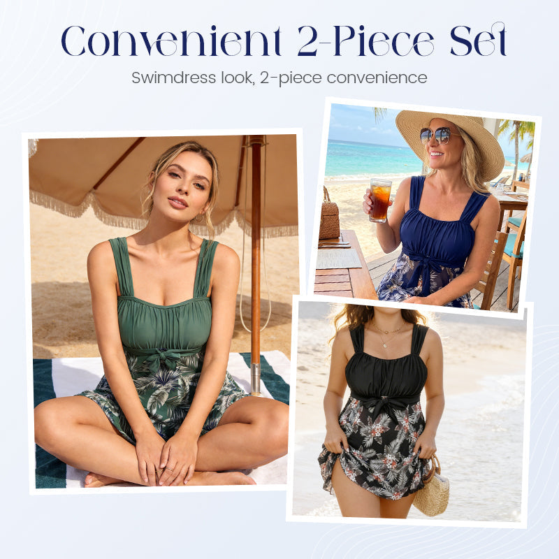 🩱 2-częściowy zestaw kostiumu kąpielowego dla kobiet o pełnych kształtach | Modelujący brzuch, elegancki design ze spódniczką